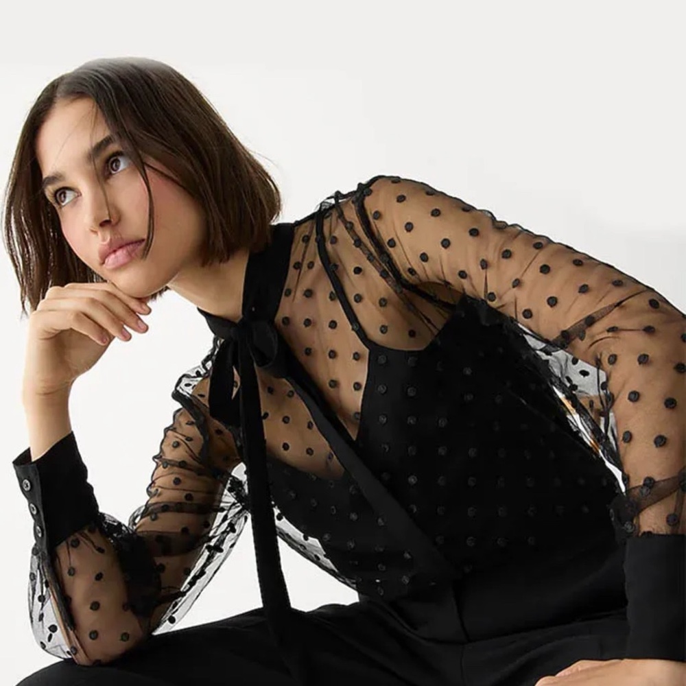 J. Crew Black Sheer Dot Tie-Neck Button-Up Blouse